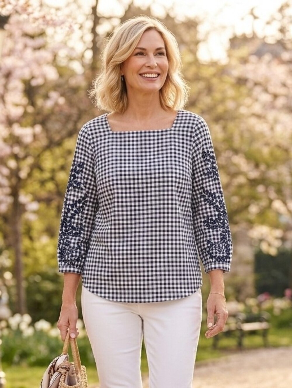 NWOT Talbots M Modern Contemporary Coquette Jacquard Gingham Eyelet Blouse